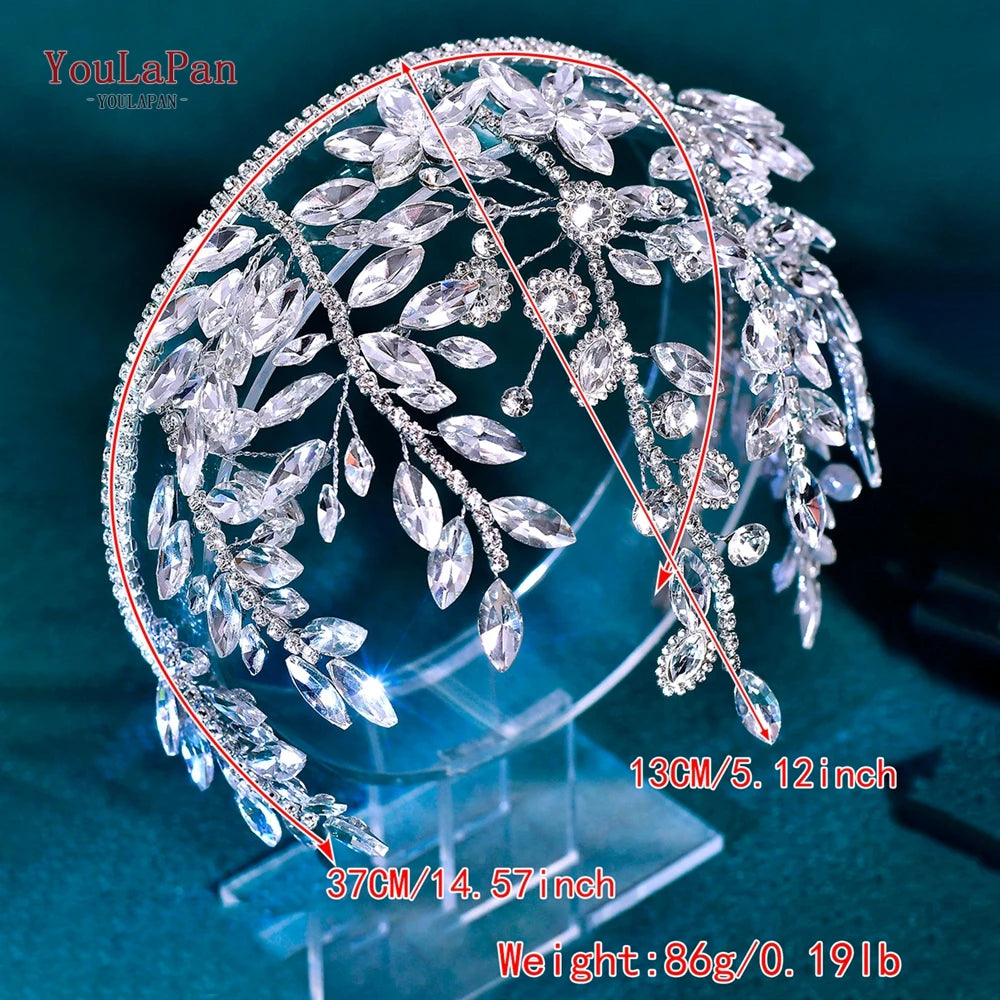 A clear rhinestone bridal hair hoop is shown against a dark blue background with measurements and weight details.