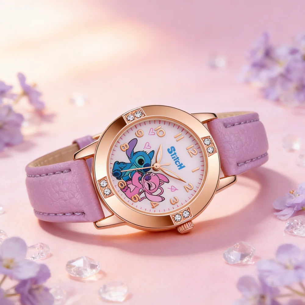 A pink wrist watch featuring a cartoon Stitch design on the dial and a light purple strap, set against a soft pink background