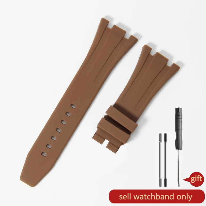 A brown silicone watch band with a textured strap and a metal buckle is shown on a white background.
