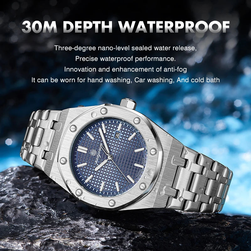 A silver-toned men's watch with a blue dial and metal band resting on a dark rock.