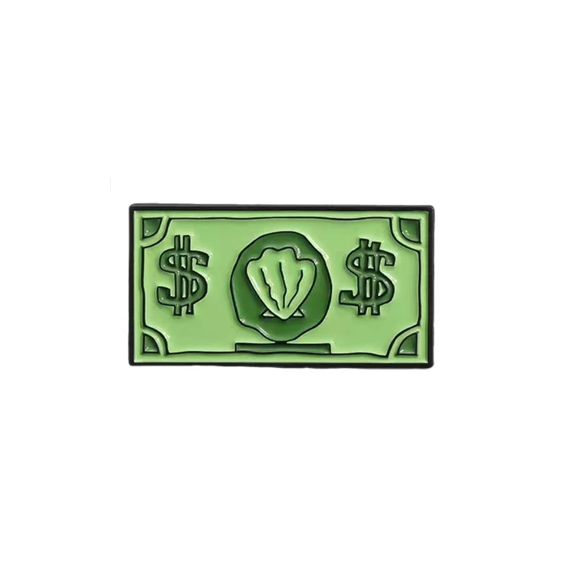 Green enamel dollar banknote brooch featuring an ocean shell charm.