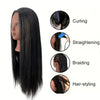 A black wig on a mannequin head demonstrating various hairstyles including curling, straightening, braiding, and hair-styling