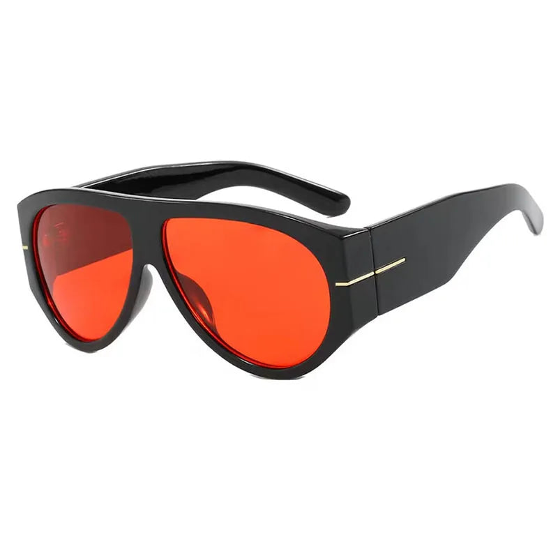 Black retro oval sunglasses with bright orange lenses
