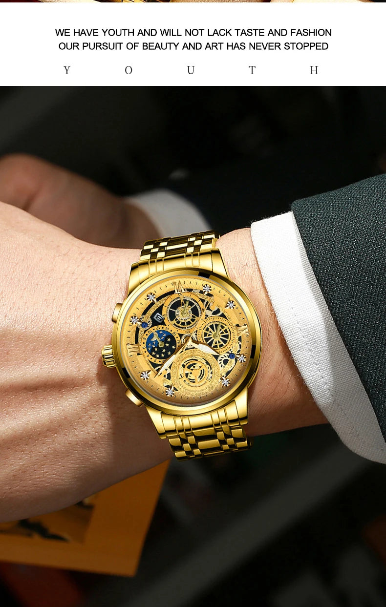 A close-up shot of a gold-toned stainless steel quartz wristwatch with a luminous dial worn on a person's wrist.