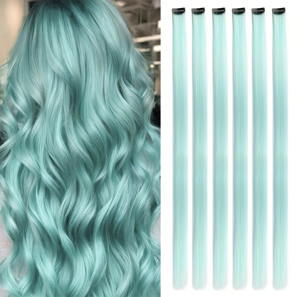 A set of 24 inch colored hair extensions in a light mint green shade shown hanging vertically.