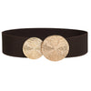 A wide, dark brown elastic waist belt featuring two circular gold metallic embellishments.
