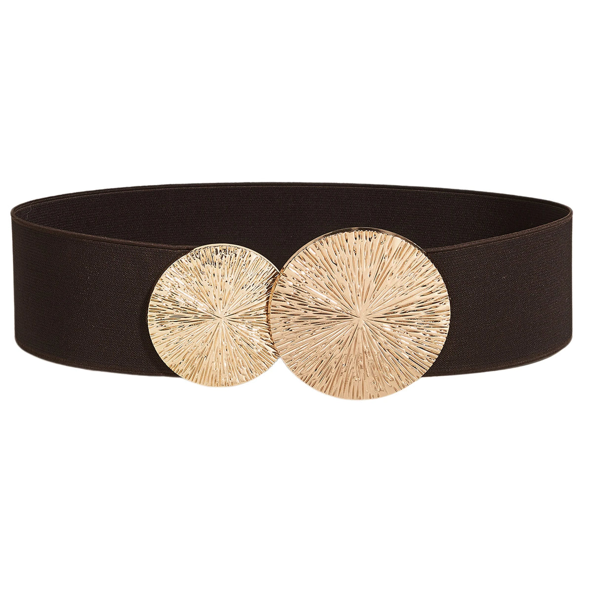 A wide, dark brown elastic waist belt featuring two circular gold metallic embellishments.