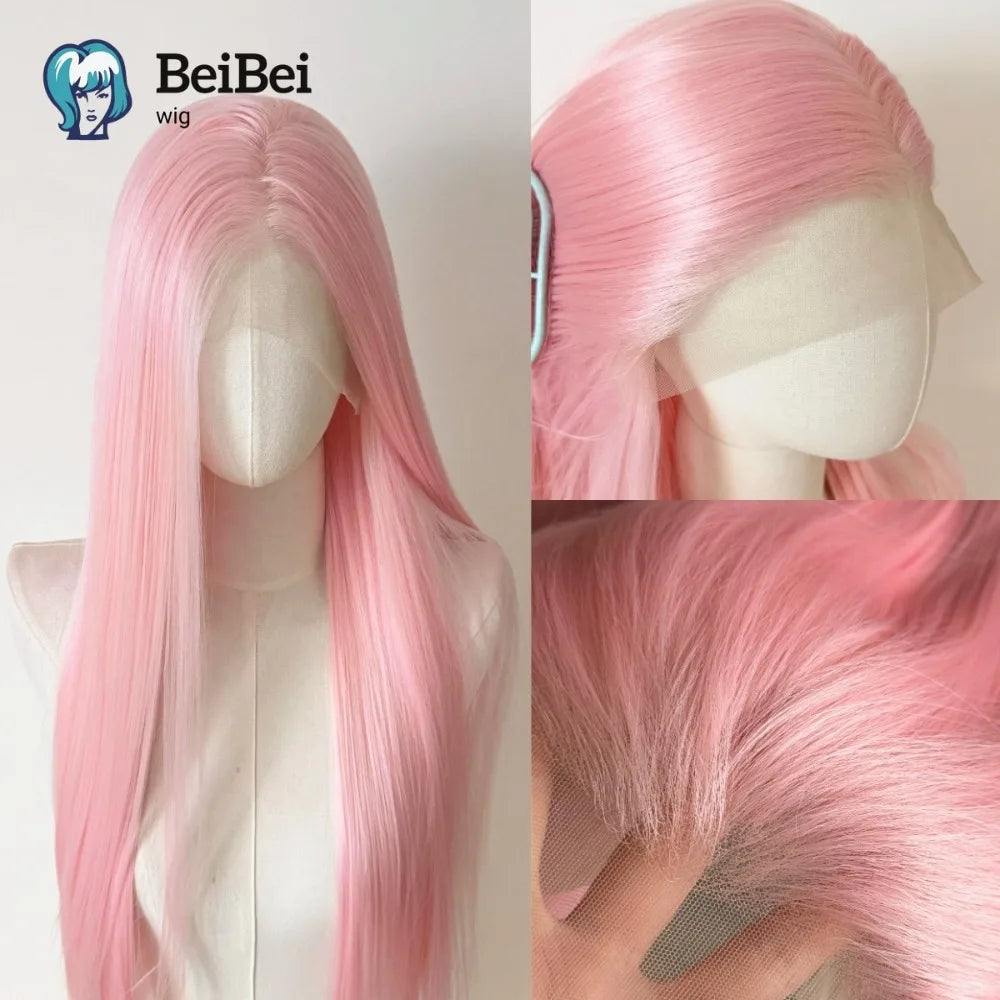 A long straight glueless synthetic wig in pink hair displayed on a mannequin head.