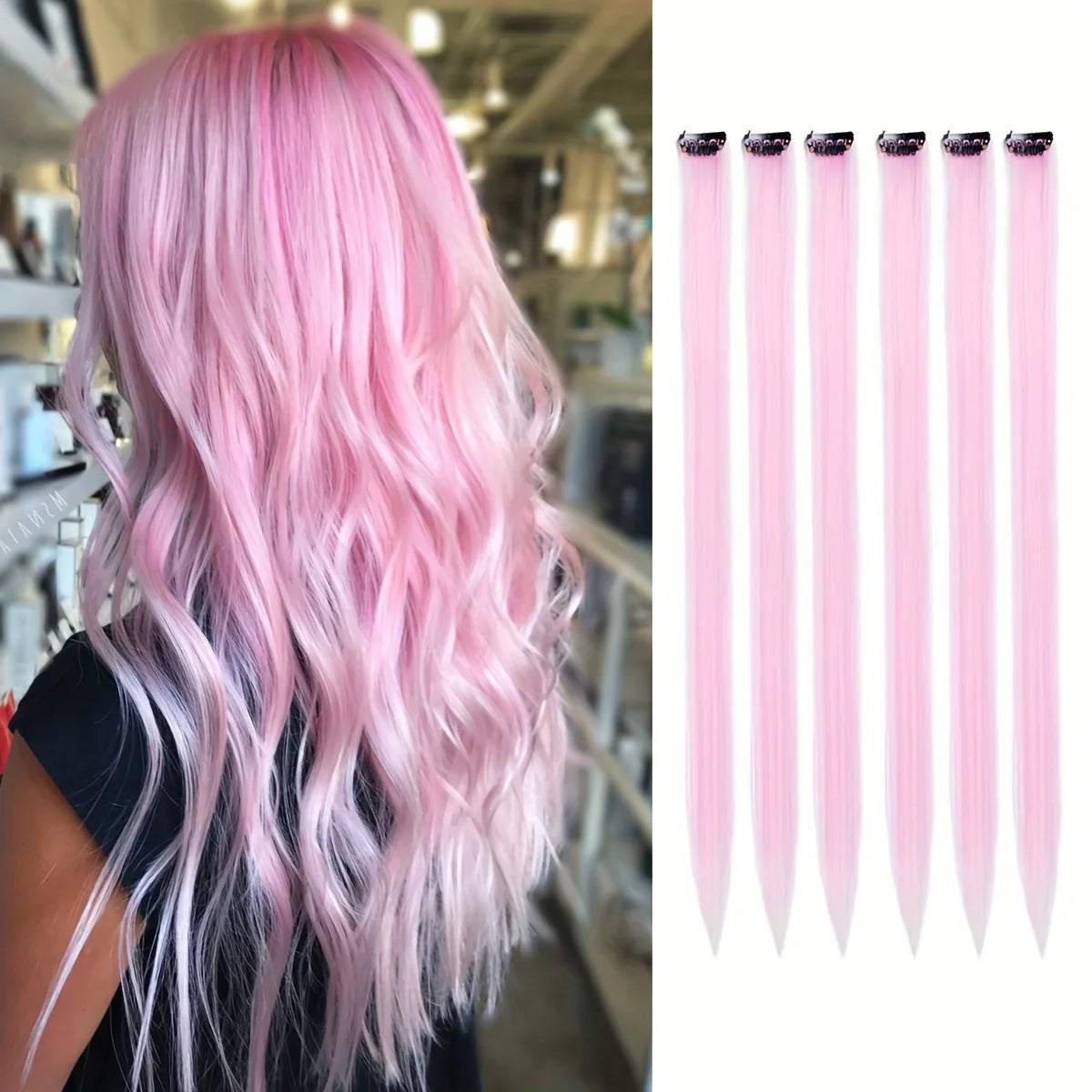A set of 24 inch colored hair extensions in pink and white shades displayed vertically.
