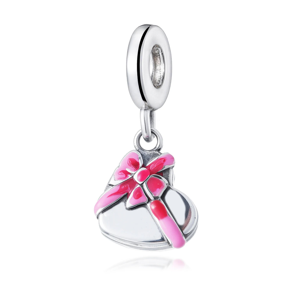 Cuenta de plata con forma de caja de regalo envuelta en cinta rosa y perno de plata.