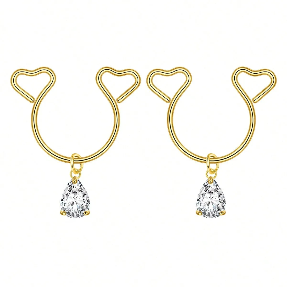 Gold heart dangle non-piercing nipple rings with cubic zirconia stones