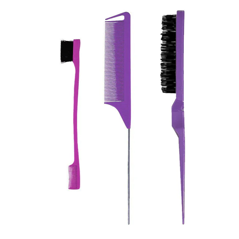 A set of purple hair rollers and styling tools, including a comb and a brush.