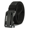 Black tactical canvas utility belt with a buckle and strap coiled for storage
