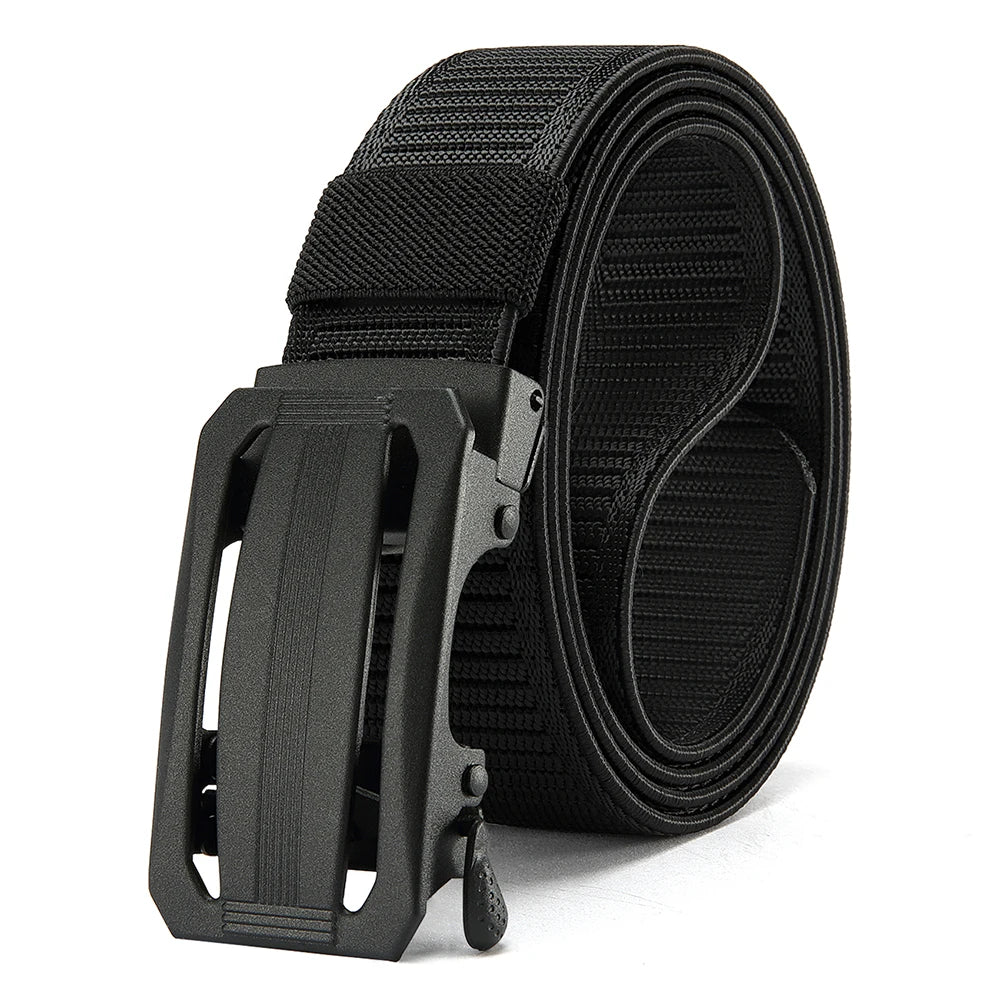 Black tactical canvas utility belt with a buckle and strap coiled for storage