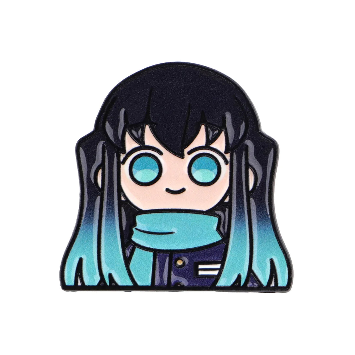 Anime enamel pin brooch featuring a dark-haired character with bright blue eyes and a light blue scarf