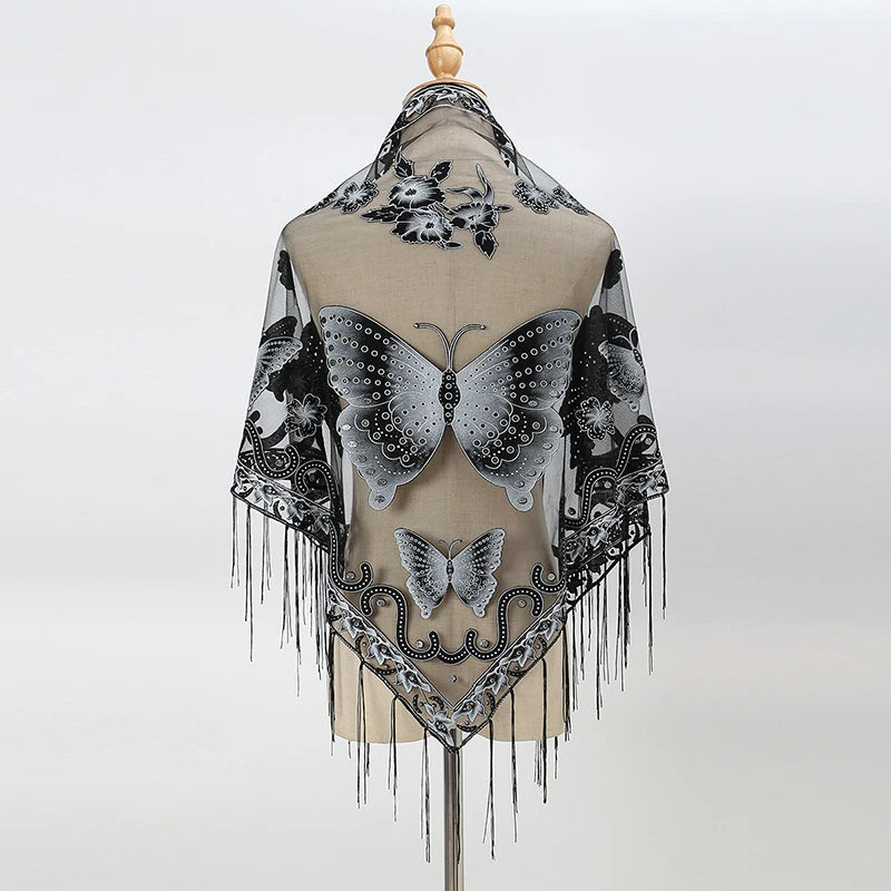 Elegant printed butterfly lace scarf shawl displayed on a mannequin.