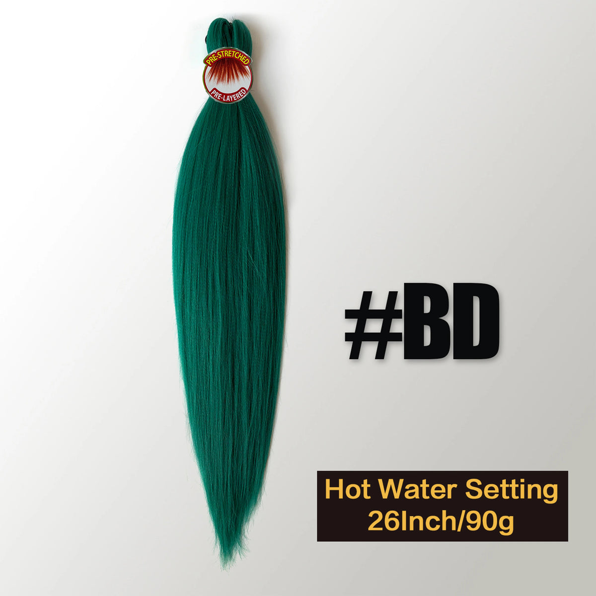 A bundle of dark green pre-stretched Kanekalon braiding hair extensions with a heat setting label.