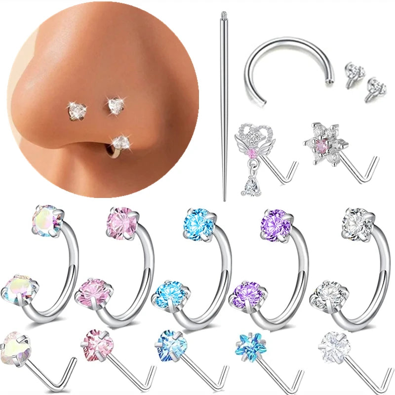 A collection of silver horseshoe nose rings and various stud earrings displayed against a skin tone background.