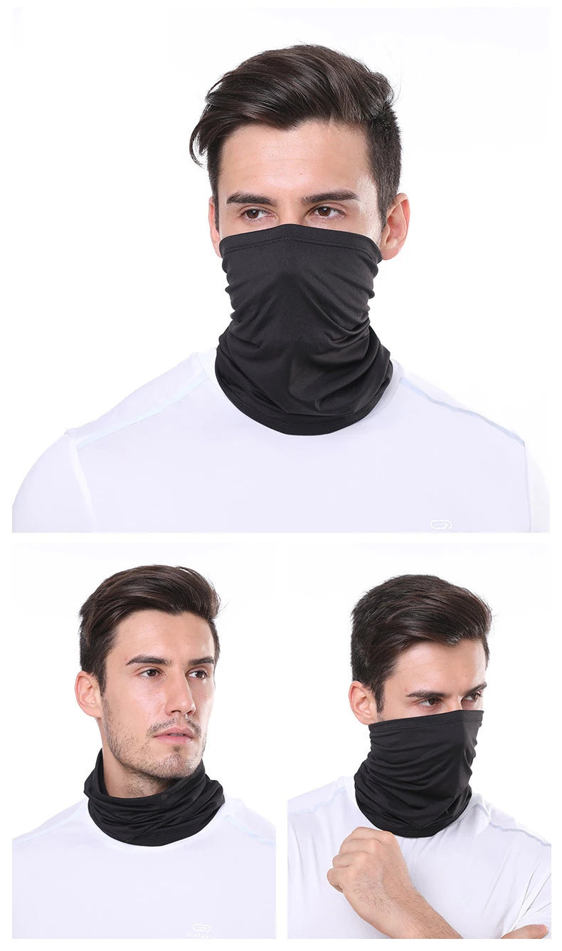 A man wearing a black multi-use sun protection head scarf on a white shirt.