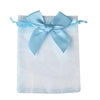 A light blue organza drawstring gift bag tied with a matching satin ribbon.