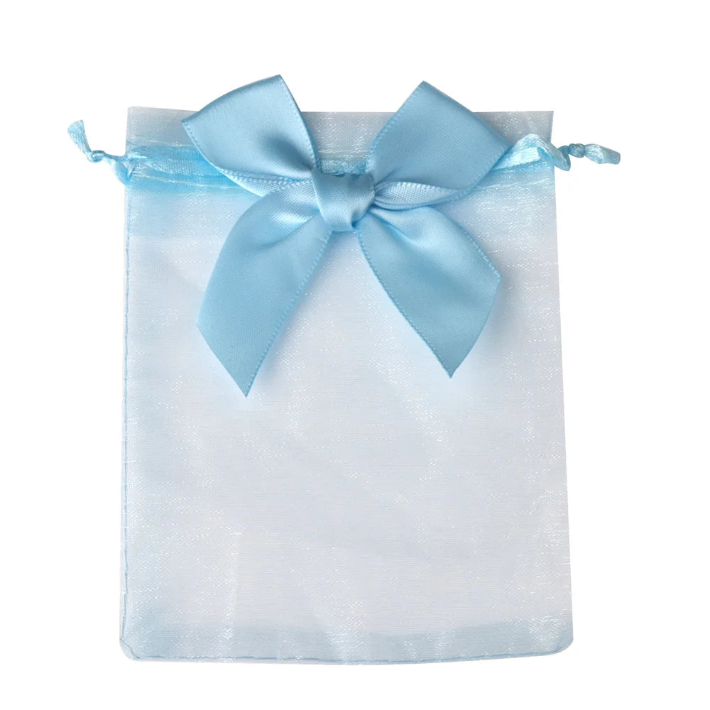 A light blue organza drawstring gift bag tied with a matching satin ribbon.