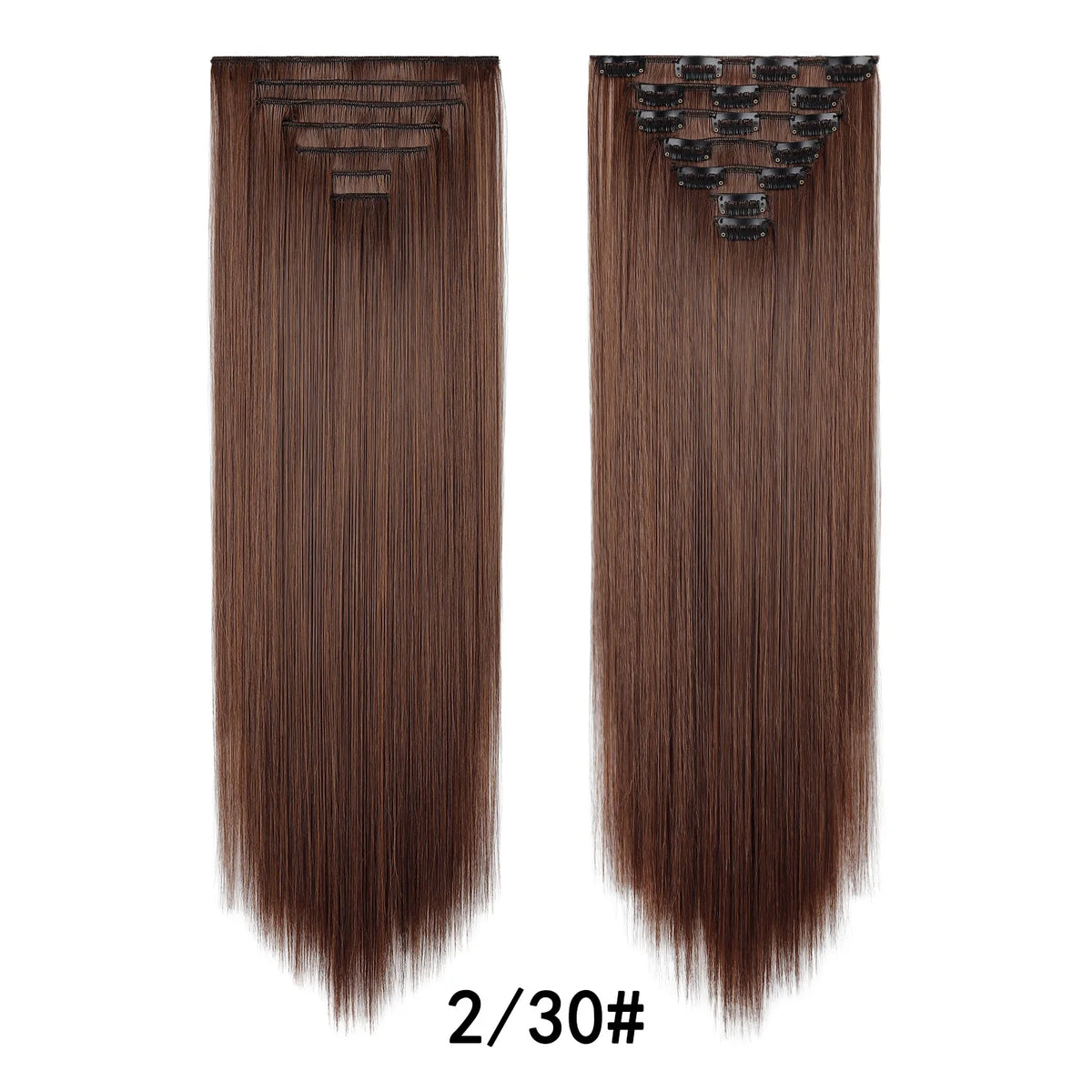 A pair of dark brown, straight hair extensions with clip-in attachments shown side by side.