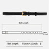Black leather belt with a gold buckle and measurement guide showing 110cm length.