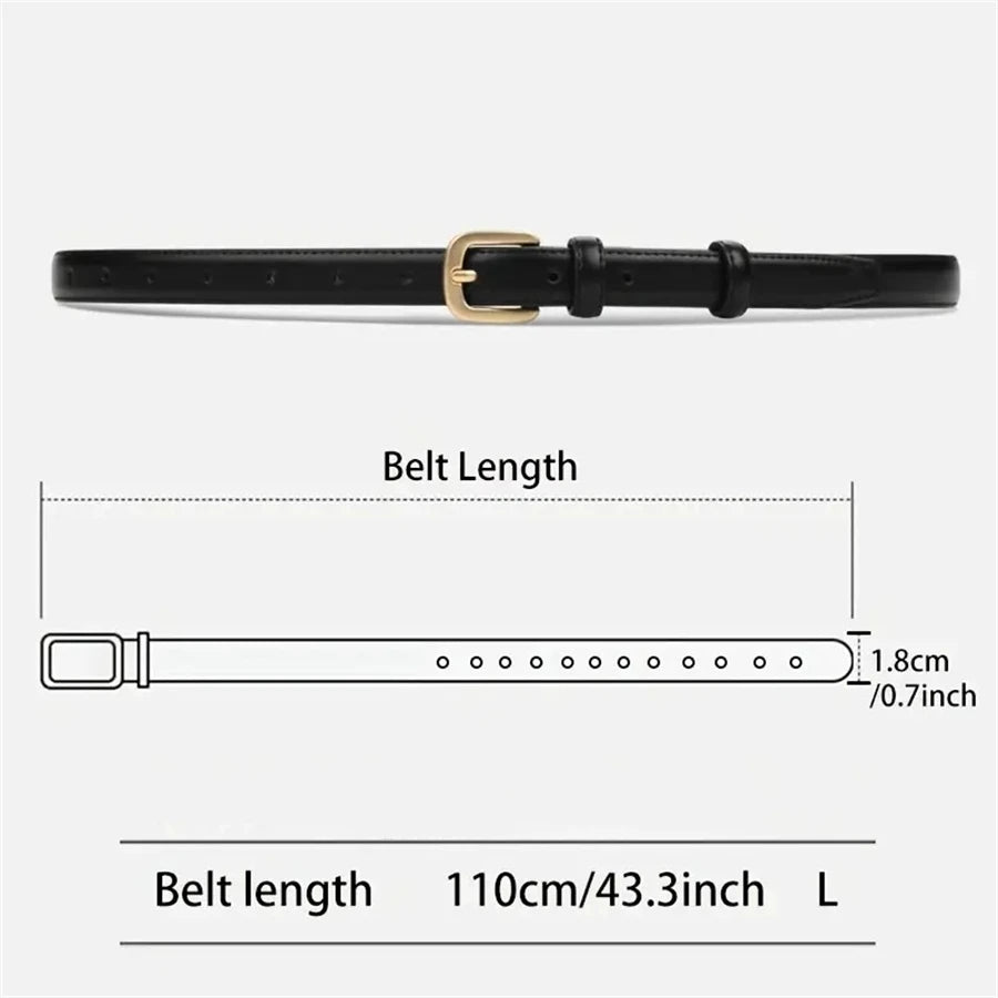 Ceinture en cuir noir avec boucle dorée et guide de mesure indiquant une longueur de 110 cm.