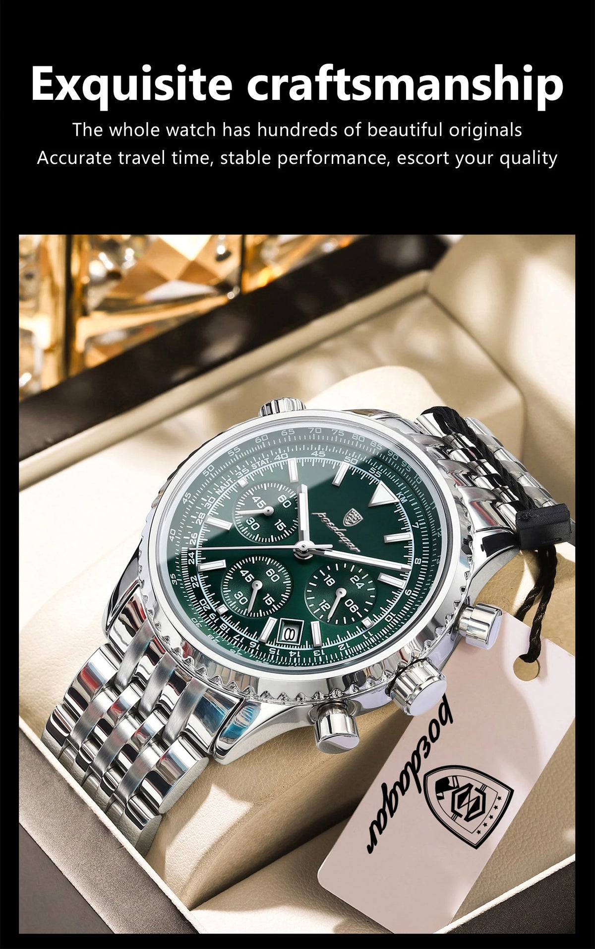 Reloj cronógrafo plateado con esfera verde y correa negra sobre una superficie clara.
