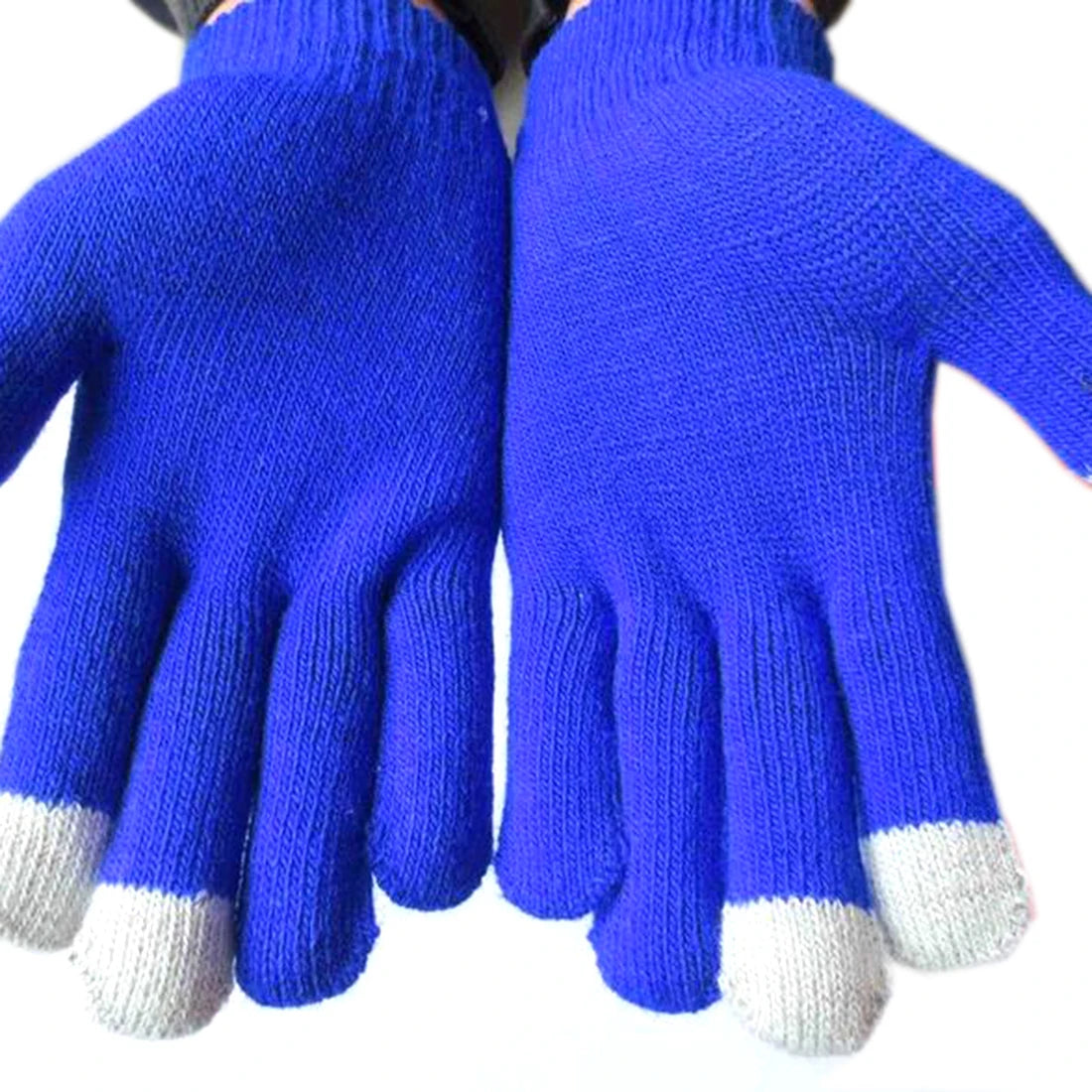 Pair of royal blue knit touch screen gloves with white trim