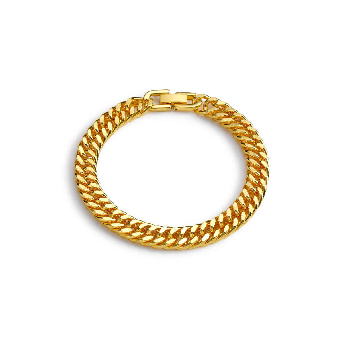 A gold-toned Cuban link bracelet made of stainless steel, shown against a white background.