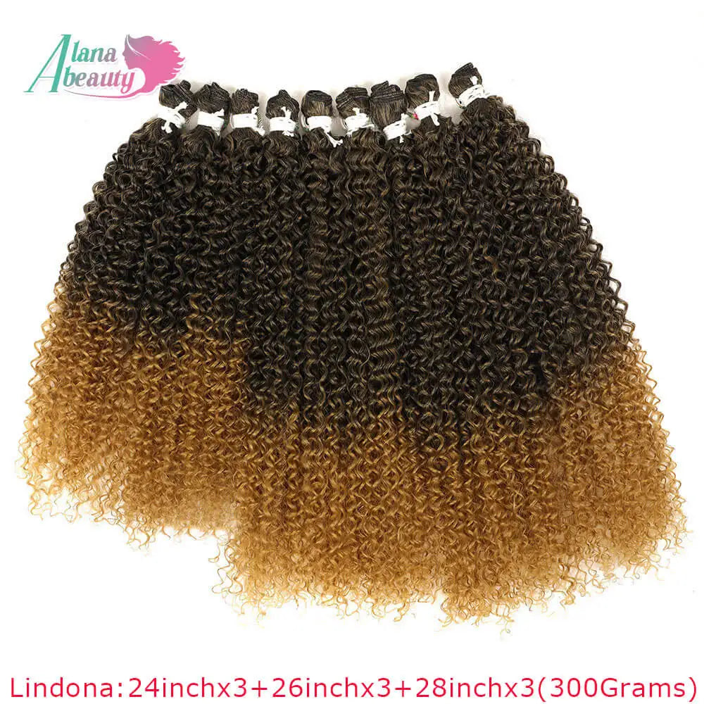 A bundle of long curly hair extensions in a dark brown to golden blonde ombre color transition.