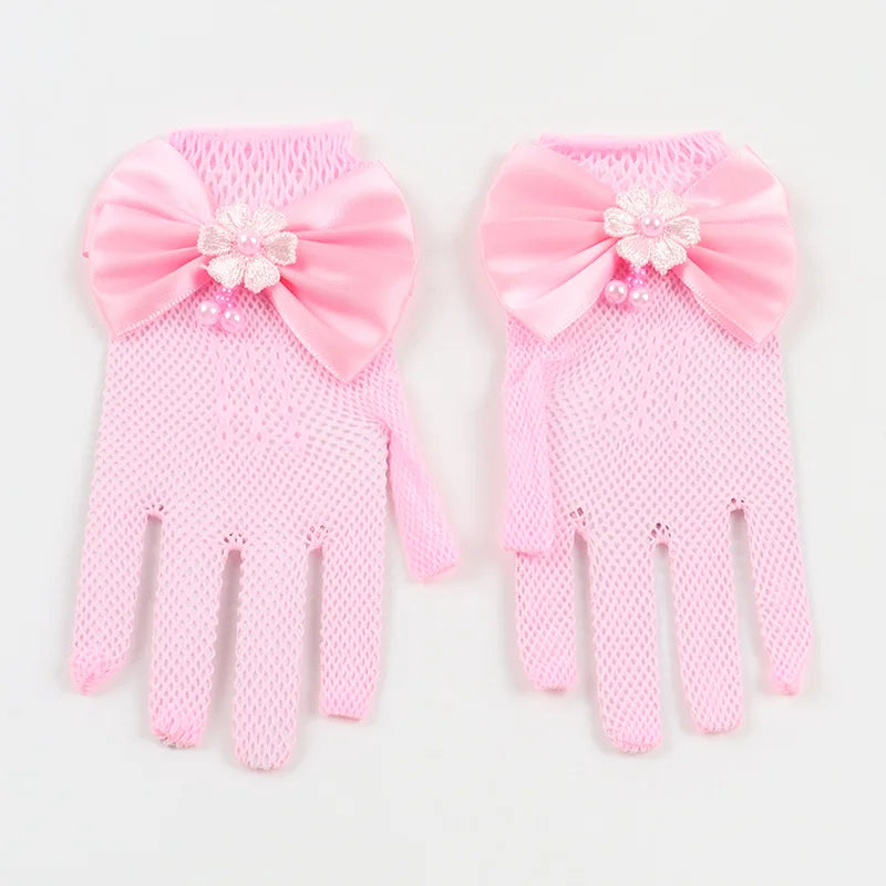 Pair of pink mesh finger gloves with pink bows and floral accents