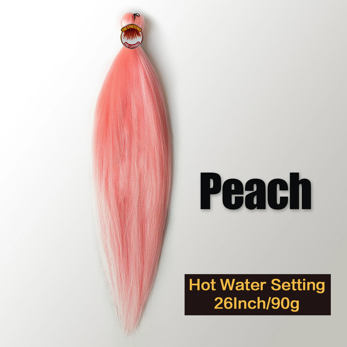 A single strand of peach colored pre-stretched Kanekalon braiding hair extensions is displayed against a light gray backgroun