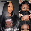 Close-up of a woman modeling a long black layered straight synthetic lace front wig with a side part.