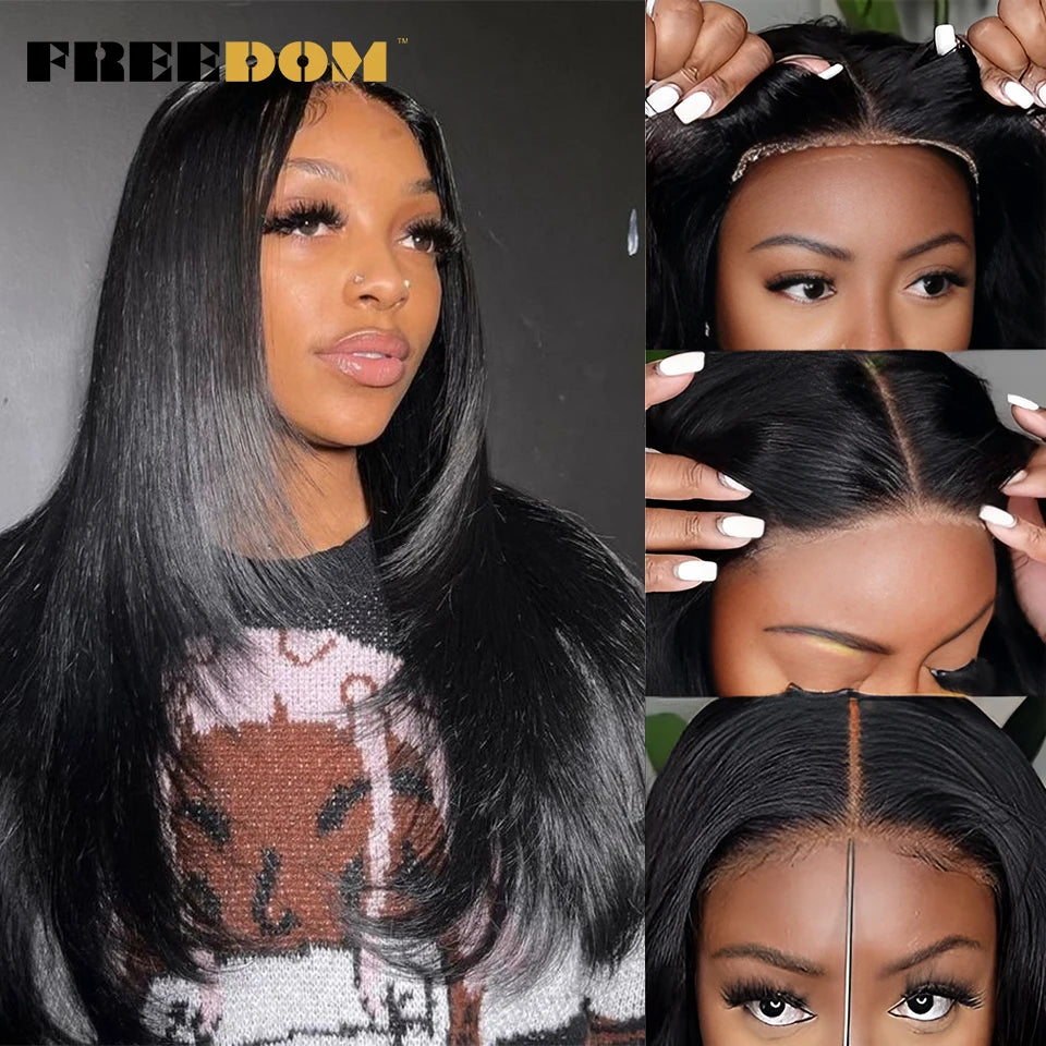 Close-up of a woman modeling a long black layered straight synthetic lace front wig with a side part.