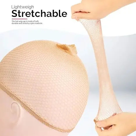 A close-up of a sheer, stretchable natural nude wig cap being worn on a mannequin head.