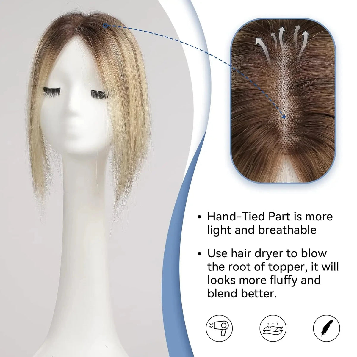 A light brown blonde ombre lace base hair topper is shown on a mannequin head with instructions for use.
