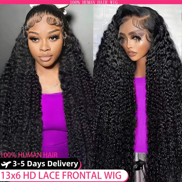 A model showcases a long black deep wave human hair lace frontal wig with intricate styling.
