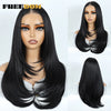 A long, straight black wig with a lace front shown on a mannequin head.