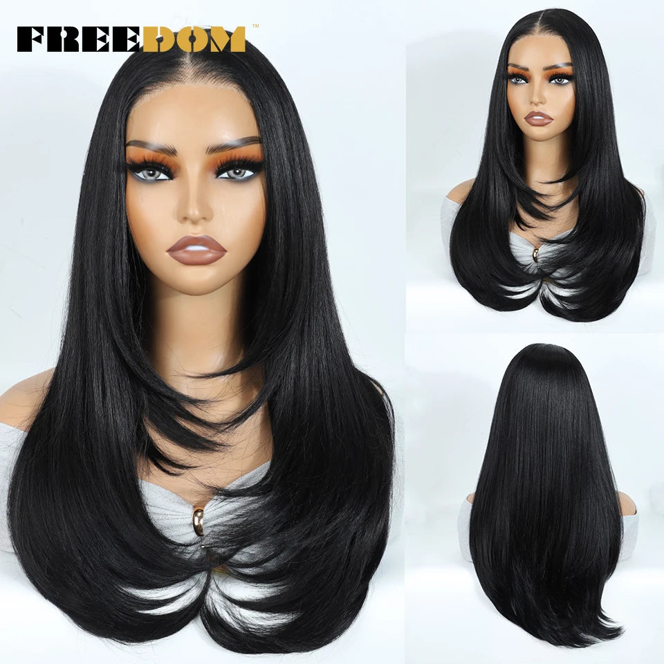 A long, straight black wig with a lace front shown on a mannequin head.
