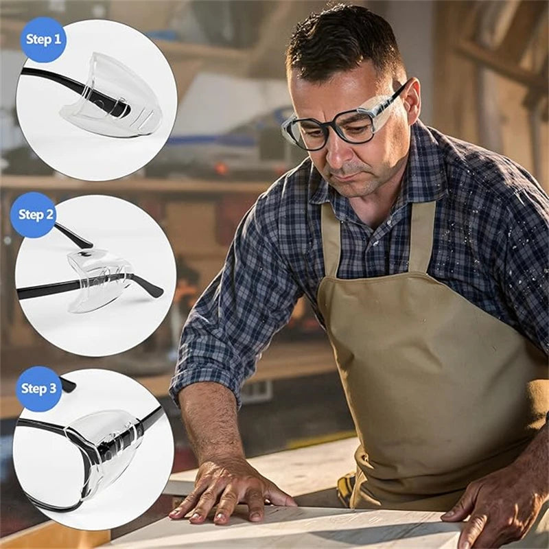 A man is demonstrating the three steps to use flexible clear eye shields for eyeglasses.