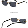 Gray rimless rectangle sunglasses with gold accents shown from the front and back.