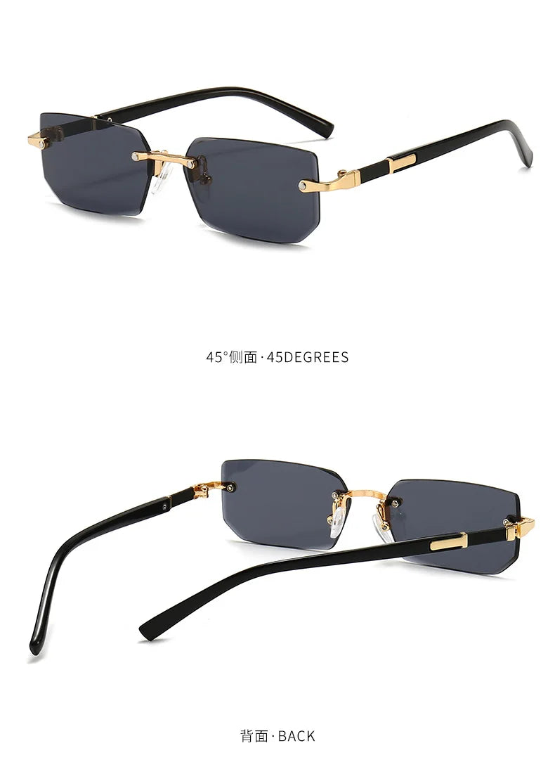 Gray rimless rectangle sunglasses with gold accents shown from the front and back.