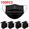 A black disposable protective face mask shown in various views and a box packaging.