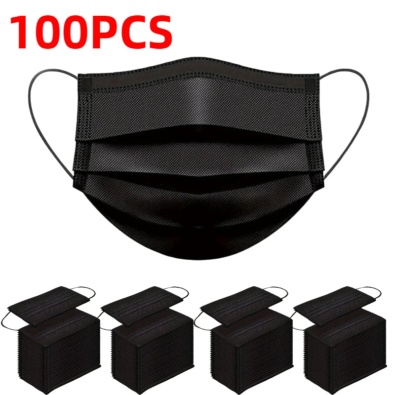 A black disposable protective face mask shown in various views and a box packaging.