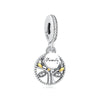 A silver charm featuring a family tree design with leaves and the word Family, suspended from a sterling silver pendant.