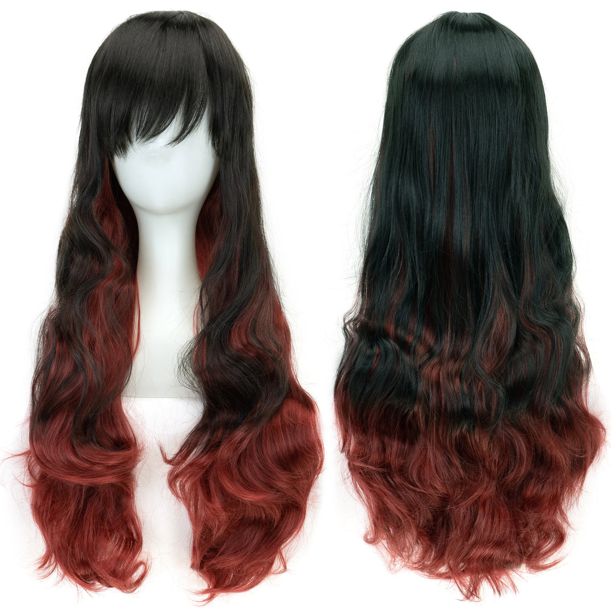 Long black synthetic hair wig with a rainbow ombre effect transitioning from dark black to reddish-brown.