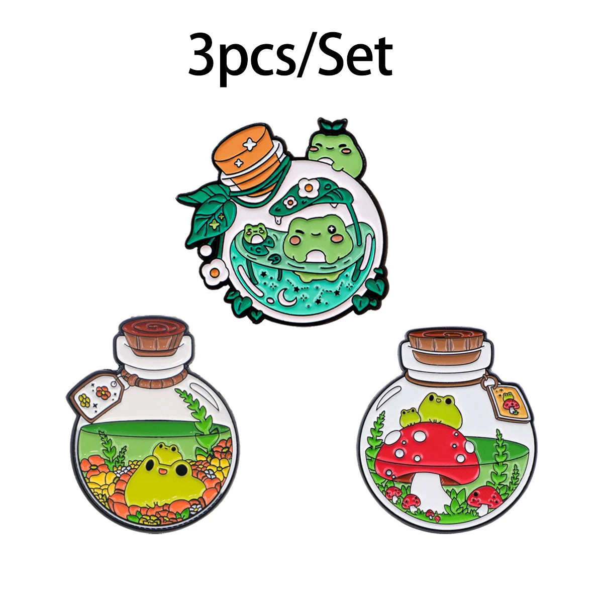 A set of three enamel brooches featuring cute green animals in glass bottles.