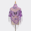 A sheer purple butterfly lace scarf shawl displayed on a mannequin.
